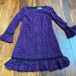 Eliza J Purple Black Floral Lace Shift Mini Dress Bell Sleeve Womens 4